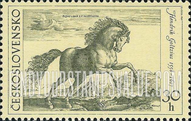 FindYourStampsValue: Old Engravings of Horses: Prancing Stallion, by Hendrik Goltzius, horizontal
