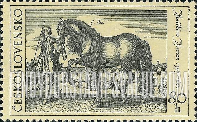 FindYourStampsValue: Old Engravings of Horses: Groom Leading Horse, by Matthäus Merian, horizontal