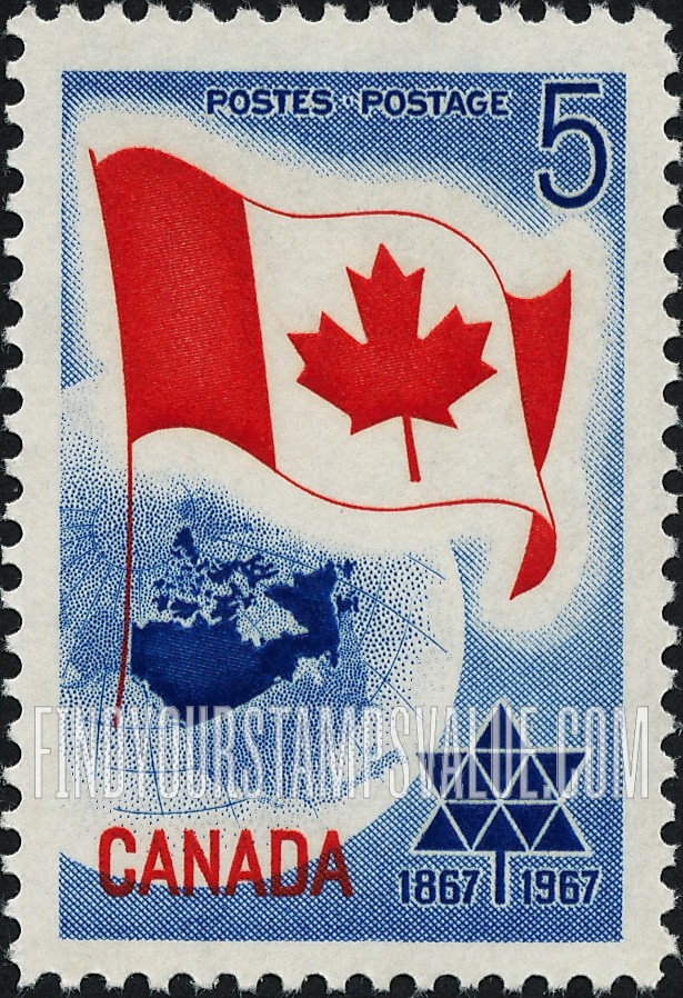 FindYourStampsValue: Canadian Flag over Globe and Centennial Emblem