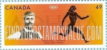FindYourStampsValue: 2004 Summer Olympics, Athens: Spyros Louis,Marathon gold medalist, diagram of track, “Athens” in Greek, and stylized runner
