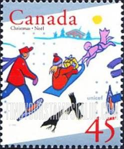 FindYourStampsValue: Christmas: Children on snowshoes, sled