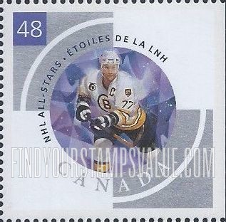 FindYourStampsValue: National Hockey League Stars: Raymond Bourque (lilac panel).