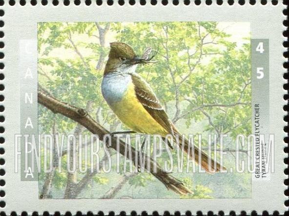 FindYourStampsValue: Bird Type of 1996: Great crested flycatcher