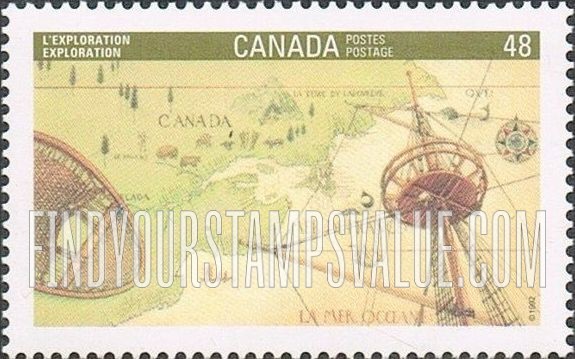 FindYourStampsValue: Jacques Cartier’s chart of Canada, snowshoe, ship’s mast