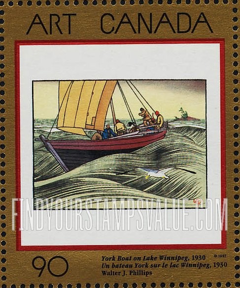 FindYourStampsValue: Art Type of 1988: York Boat on Lake Winnipeg, by Walter J. Phillips
