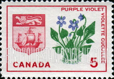 FindYourStampsValue: Purple violet and arms of New Brunswick