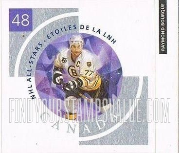 FindYourStampsValue: National Hockey League Stars: Raymond Bourque (lilac panel).