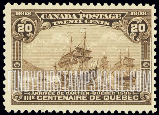 FindYourStampsValue: Quebec Tercentenary Issue: Arrival of Cartier at Quebec