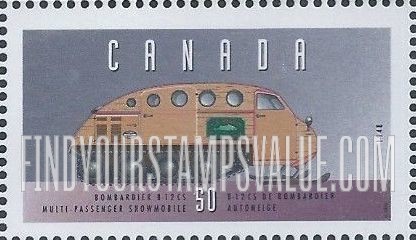 FindYourStampsValue: Historic Vehicles Type of 1993: 1970 Bombardier B-12 CS multi-passenger snowmobile