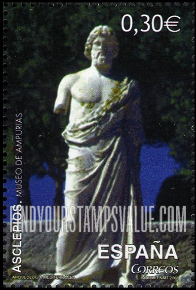 FindYourStampsValue: Statues of Asclepius, Greek God of Medicine: Statue from Museum of Ampurias, Spain