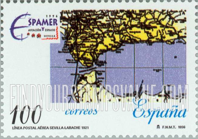 FindYourStampsValue: Espamer β96 Philatelic Exhibition, World Aviation and Space Exposition: Map of Seville-Larache Air Route, 1921