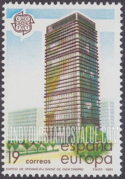 FindYourStampsValue: Europa 1987, Modern architecture: Bilbao Bank, Madrid, designed by Saenz de Oiza
