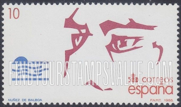 FindYourStampsValue: Discovery of America (in 1992), 500th Anniversary: Vasco Nunez de Balboa, discoverer of the Pacific Ocean, and sun setting over sea
