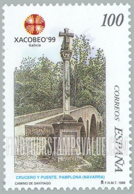FindYourStampsValue: Xacobeo ā99: Stone cross, Cizur Bridge, Pamplona