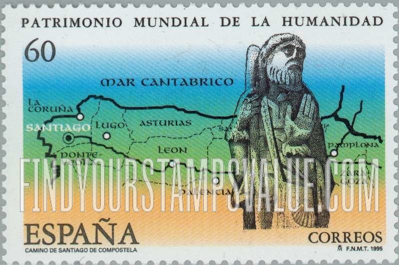 FindYourStampsValue: UNESCO World Heritage Type of 1991 and Map of Santiago de Compostela’s 9th century route through northern Spain