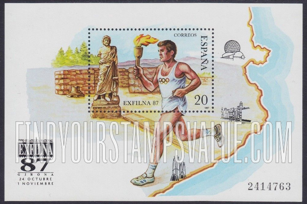 FindYourStampsValue: EXFILNA β87, Gerona, Oct. 24-Nov. 1: Greek statue, Emporion, Olympic torch-bearer