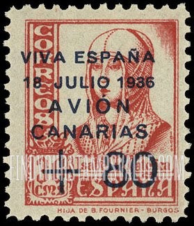 FindYourStampsValue: Revolutionary Overprints, Nationalist (Revolutionary) Forces, Canary Islands Air Post, Use via the Lufthansa Service: Isabella I