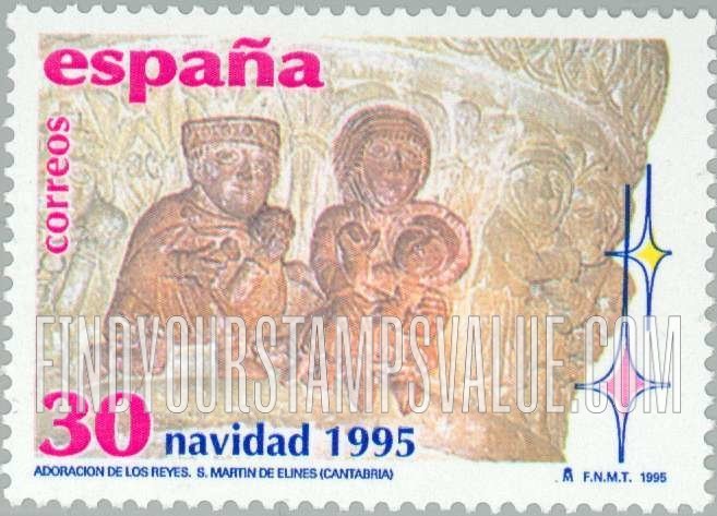 FindYourStampsValue: Christmas: Capital sculpture of “Adoration of the Magi,” Collegiate Church of San Martin de Elines, Cantabria
