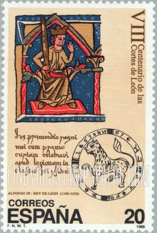 FindYourStampsValue: 1st Call to Session of the Leon Court, 800th Anniversary: Illumination & seal of Alfonso IX, King of Leon