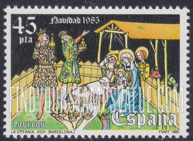 FindYourStampsValue: Christmas 1985. 14th-15th century paintings in the Episcopal Museum, Vich: Epiphany, from an embroidered frontal 15th cent.