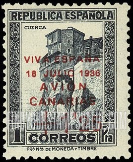 FindYourStampsValue: Revolutionary Overprints, Nationalist (Revolutionary) Forces, Canary Islands Air Post, Use via the Lufthansa Service: Cliff Houses, Cuenca