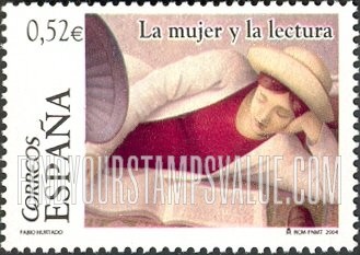 FindYourStampsValue: Paintings of Women Reading by Fabio Hurtado (1960- ): Woman with head on hand reading book
