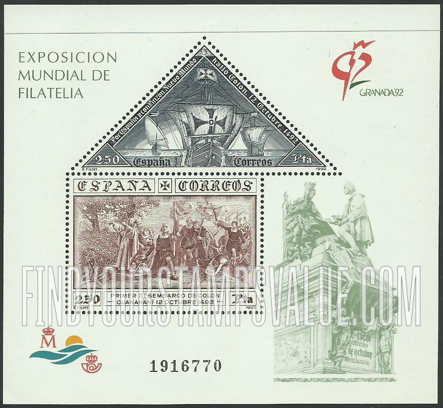 FindYourStampsValue: “Santa Maria,” “Niña,” “Pinta”, Columbus Arriving in America