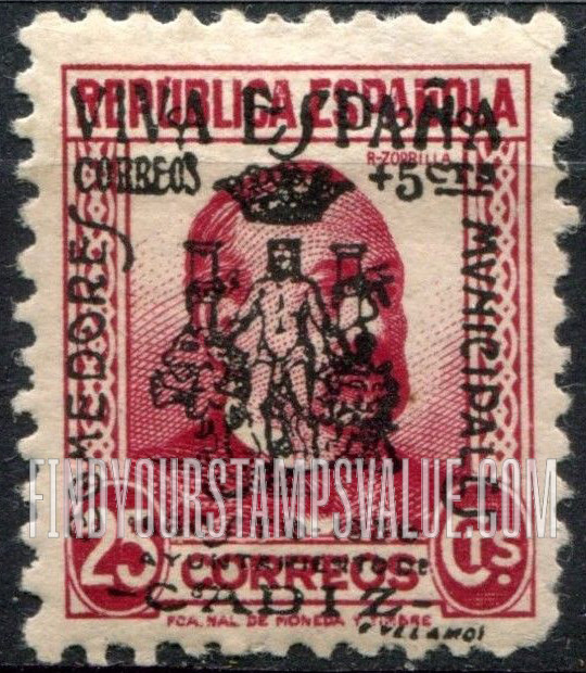 FindYourStampsValue: Revolutionary Overprints, Nationalist (Revolutionary) Forces, Cadiz Semi-Postal: Manuel Ruiz-Zorrilla