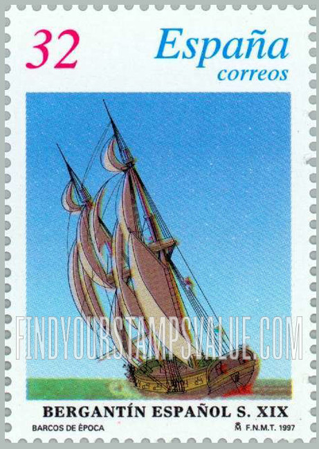 FindYourStampsValue: 19th Centenary Sailing Ships: Spanish Brigantine