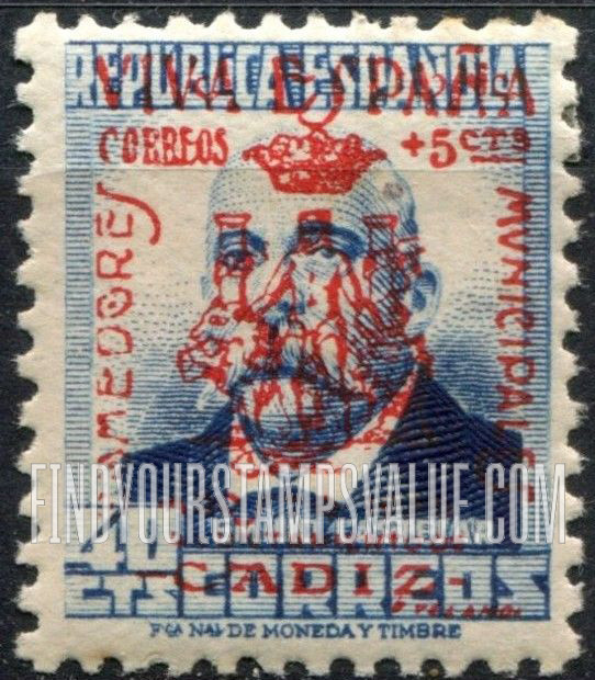 FindYourStampsValue: Revolutionary Overprints, Nationalist (Revolutionary) Forces, Cadiz Semi-Postal: Emilio Castelar