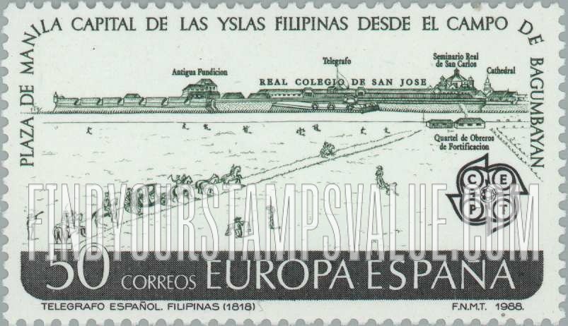 FindYourStampsValue: Europa 1988, Transport and communication: Spanish telegraph in the Philippines linking Plaza de Manila and Bagumbayan Camp, 1818