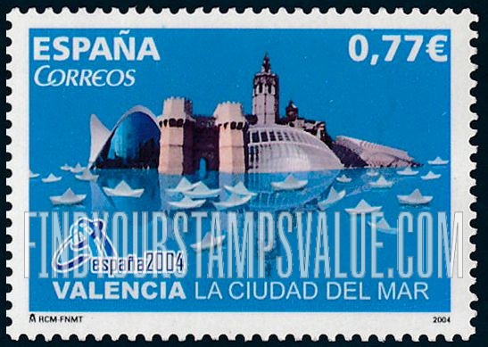 FindYourStampsValue: España 2004 International Philatelic Exhibition. The Sea: Valencia skyline