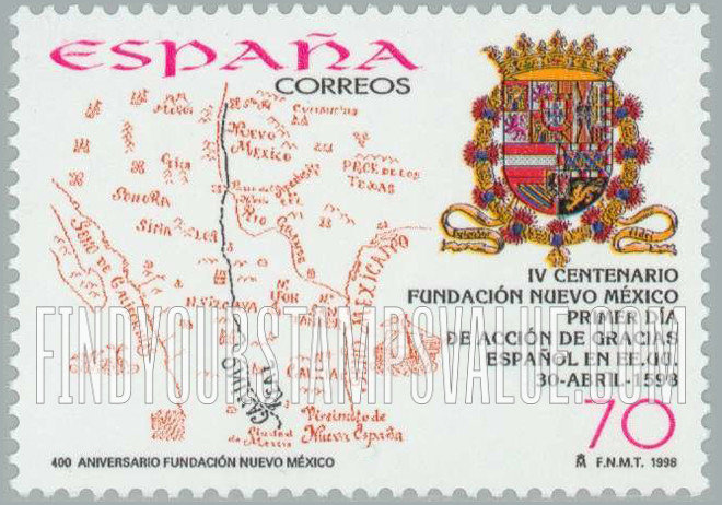 FindYourStampsValue: Founding of New Mexico, 400th Anniversary: Early map of Nueva Espana (Mexico) and Nuevo Mexico
