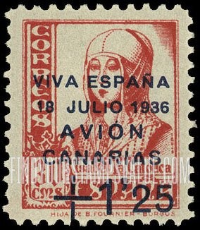 FindYourStampsValue: Revolutionary Overprints, Nationalist (Revolutionary) Forces, Canary Islands Air Post, Use via the Lufthansa Service: Isabella I