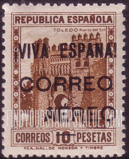 FindYourStampsValue: Revolutionary Overprints, Nationalist (Revolutionary) Forces, Burgos Air Post: Gate of the Sun at Toledo
