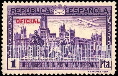 FindYourStampsValue: Air Post Official: Pan-American Postal Union Congress, Madrid Post Office and Cibeles Fountain
