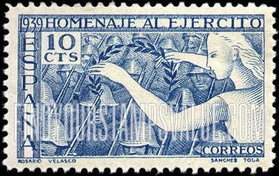FindYourStampsValue: Postal Tax: “Spain” Holding Wreath of Peace over Marching Soldiers