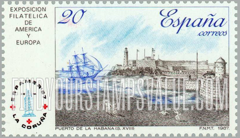FindYourStampsValue: ESPAMER β87: Illustration of Havana harbor from Viaje Alrededor da La Isla de Cuba, by Francisco Mialche, 18th cent.