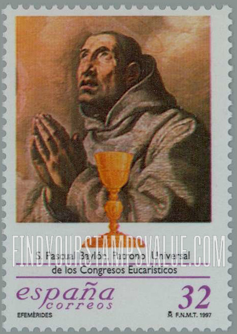 FindYourStampsValue: Anniversaries: Declaration of St. Pascual Baylon as patron saint of World Eucharistic Congress, centenary