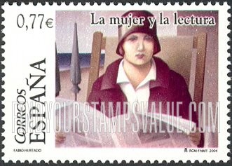FindYourStampsValue: Paintings of Women Reading by Fabio Hurtado (1960- ): Woman reading newspaper