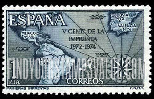 FindYourStampsValue: Map of Spain and Americas with Dates of First Printings