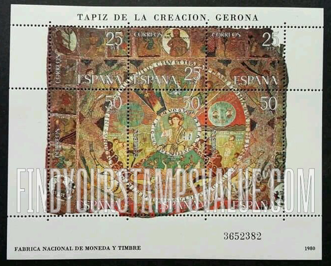 FindYourStampsValue: Miniature Sheet: The Creation, Tapestry, Gerona Cathedral