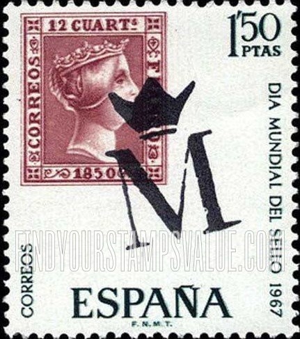 FindYourStampsValue: No. 2, 12c stamp of 1850 with crowned M postmark of Madrid