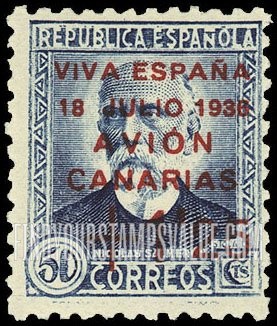 FindYourStampsValue: Revolutionary Overprints, Nationalist (Revolutionary) Forces, Canary Islands Air Post, Use via the Lufthansa Service: Nicolás Salmerón