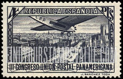 FindYourStampsValue: Air Post: Plane over Calle de Alcalá, Madrid