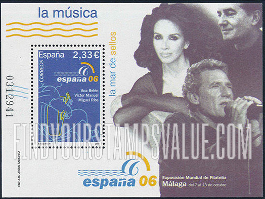 FindYourStampsValue: España 06 World Philatelic Exhibition, Malaga: Exhibition emblem and Guitarist
