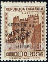 FindYourStampsValue: Revolutionary Overprints, Nationalist (Revolutionary) Forces, Seville: Gate of the Sun at Toledo