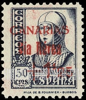 FindYourStampsValue: Revolutionary Overprints, Nationalist (Revolutionary) Forces, Canary Islands Air Post, Use via the Lufthansa Service: Isabella I
