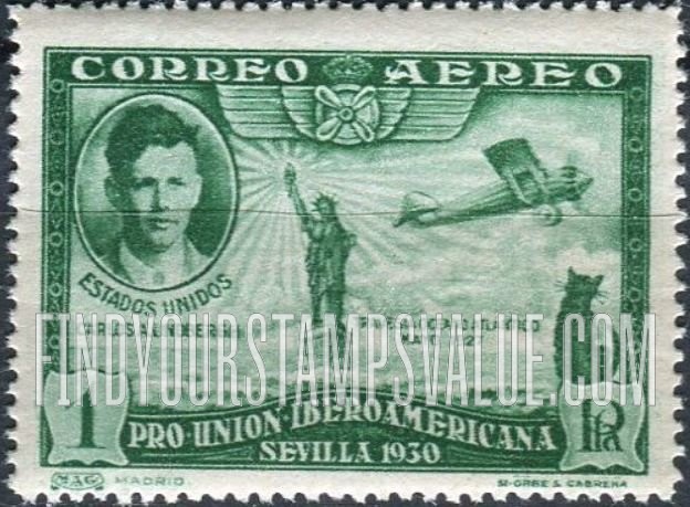 FindYourStampsValue: Air Post: Spanish-American Exhibition, Charles A. Lindbergh, Statue of Liberty, Spirit of St. Louis and Cat