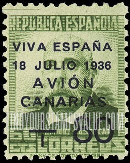 FindYourStampsValue: Revolutionary Overprints, Nationalist (Revolutionary) Forces, Canary Islands Air Post, Use via the Lufthansa Service: Emilio Castelar